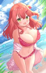 Rule 34 | 1girl, :d, ahoge, beach, bikini, blue sky, breasts, cleavage, collarbone, commentary request, day, dutch angle, female focus, frilled bikini, frills, green eyes, hair between eyes, hair ornament, highres, hololive, jacket, kanti15, large breasts, leaf, looking at viewer, medium hair, mountainous horizon, navel, ocean, open mouth, red bikini, red hair, sakura miko, sky, smile, solo, standing, swimsuit, virtual youtuber, water drop, white jacket, x hair ornament