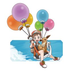 Rule 34 | 1girl, :3, artist request, backpack, bag, balloon, baseball cap, black shirt, blue shorts, blue sky, brown eyes, brown hair, chestnut mouth, child, cloud, creatures (company), day, eevee, elaine (pokemon), female focus, flat chest, floating, full body, game freak, gen 1 pokemon, hand up, happy, hat, highres, looking down, matching hair/eyes, nintendo, official art, open mouth, outdoors, outline, poke ball symbol, poke ball theme, pokemon, pokemon (creature), pokemon lgpe, ponytail, purple eyes, red footwear, red hair, shirt, shoes, short shorts, short sleeves, shorts, sitting, sky, smile, teeth, tiptoes, transparent background, white outline