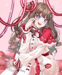 Rule 34 | 1girl, :d, bow, bowtie, brown hair, capelet, dress, english text, food, fruit, fujishima megumi, hair ribbon, hand on own face, link! like! love live!, lolita fashion, long sleeves, love live!, open mouth, purple eyes, red capelet, red ribbon, ribbon, ribbon-trimmed sleeves, ribbon trim, sidelocks, sitting, smile, solo, strawberry, tagme, tamago (tmgo o), teeth, thighhighs, two side up, upper teeth only, white dress, white thighhighs