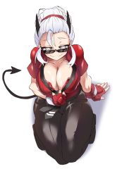 Rule 34 | 1girl, absurdres, belt, black belt, black pants, breasts, demon girl, demon tail, from above, gloves, grey eyes, helltaker, highres, justice (helltaker), large breasts, lazy ant, necktie, pants, red gloves, red shirt, seiza, shirt, sitting, smile, sunglasses, tail, white background, white hair