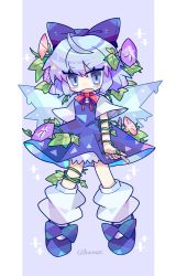 Rule 34 | 1girl, blue bow, blue dress, blue eyes, blue footwear, blue hair, blush, bow, bowtie, cirno, commentary, d:, dress, flower, footwear bow, full body, hair bow, harunori (hrnrx), highres, ice, ice wings, legs apart, looking at viewer, loose socks, mary janes, medium hair, open mouth, pinafore dress, plant, red bow, red bowtie, shirt, shoes, short sleeves, sleeveless dress, socks, solo, symbol-only commentary, touhou, twitter username, v-shaped eyebrows, vines, white shirt, white socks, wings