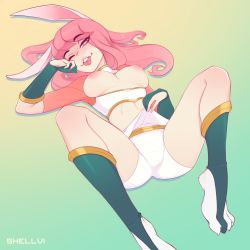 Rule 34 | 1girl, ;p, animal ears, artist name, ass, breasts, breasts out, commentary, copyright request, full body, gloves, gradient background, highres, kneehighs, large breasts, long hair, looking at viewer, lying, nipples, on back, one eye closed, partially fingerless gloves, pink hair, rabbit ears, shellvi, short shorts, shorts, simple background, smile, socks, solo, spread legs, stomach, teeth, tongue, tongue out, underwear, upper teeth only, white shorts