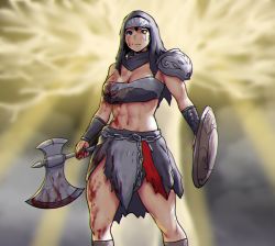 Rule 34 | 1girl, abs, armor, axe, cape, cloak, closed mouth, elden ring, erkaz, fur cloak, hero (elden ring), heterochromia, highres, holding, holding sword, holding weapon, long hair, looking at viewer, muscular, muscular female, scar, shield, skirt, solo, sword, tarnished (elden ring), weapon