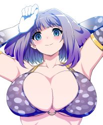 Rule 34 | 1girl, armpits, arms up, bare shoulders, bikini, blue eyes, blush, breasts, cleavage, closed mouth, collarbone, detached sleeves, elbow gloves, empty eyes, eyelashes, female focus, gloves, grey hair, highres, kemono friends, large breasts, looking at viewer, mamiyama, medium hair, multicolored hair, o-ring, o-ring bikini, purple hair, simple background, smile, steller&#039;s sea cow (kemono friends), swimsuit, upper body, white background, white gloves