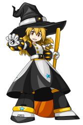 Rule 34 | 1girl, absurdres, android, arbizo, black hat, black skirt, blonde hair, broom, hat, highres, holding, holding broom, kirisame marisa, mega man (series), mega man x (series), outstretched arm, simple background, skirt, touhou, witch hat, yellow eyes