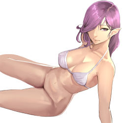 Rule 34 | 1girl, bad id, bad pixiv id, bare arms, bare legs, bare shoulders, bikini, bikini top only, bottomless, breasts, cleavage, closed mouth, collarbone, commentary request, copyright request, female focus, hair over one eye, hidezi, large breasts, legs, lips, long hair, looking at viewer, matching hair/eyes, navel, neck, pointy ears, purple eyes, purple hair, simple background, single bare arm, sitting, solo, stomach, swimsuit, white background, white bikini