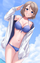 Rule 34 | 1girl, absurdres, bikini, blue bikini, blue eyes, blue sky, breasts, cleavage, cloud, cowboy shot, dutch angle, front-tie bikini top, front-tie top, grin, halterneck, hand in pocket, hand up, highres, light brown hair, looking at viewer, love live!, love live! sunshine!!, medium breasts, navel, rama (yu-light8), salute, short hair, sky, smile, solo, stomach, string bikini, sweater, swimsuit, thigh gap, watanabe you, water, white sweater