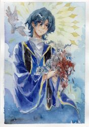 Rule 34 | 1boy, absurdres, bird, blood, blue eyes, blue hair, blue robe, bouquet, chinese commentary, closed mouth, commentary request, dove, flower, frown, hair between eyes, highres, holding, holding bouquet, long sleeves, male focus, painting (medium), robe, rosary, rose, saibou shinkyoku, sanweizi, shirt, short hair, solo, stole, traditional media, utsugi noriyuki, watercolor (medium), dove, white flower, white rose, white shirt