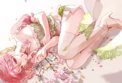 Rule 34 | 1girl, blurry, branch, breasts, cleavage, commentary request, detached collar, dress, flower, frilled dress, frills, full body, green dress, hair between eyes, hana (h6n6 matsu), hands up, high heels, highres, knees up, leaf, looking at viewer, lying, medium hair, on side, open mouth, original, pink flower, pink hair, puffy short sleeves, puffy sleeves, red eyes, shadow, short sleeves, skirt, small breasts, solo, thighhighs, white footwear, white skirt, white thighhighs