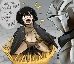 Rule 34 | 1boy, 1girl, :d, armor, ashen one (dark souls 3), black feathers, black hair, black wings, blue eyes, breastplate, breasts, dark souls (series), dark souls iii, english text, fang, feathered wings, feathers, full body, galaxyspark, harpy, helmet, loincloth, looking at another, medium breasts, midriff, monster girl, navel, nest, no bra, notice lines, open mouth, pickle pee pump-a-rum crow, plate armor, rags, short hair, sitting, smile, spread legs, stone floor, thick eyebrows, torn clothes, underboob, wariza, winged arms, wings