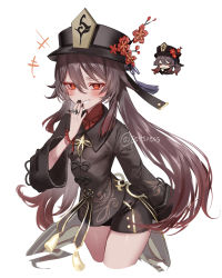 Rule 34 | 1girl, absurdres, artist name, black bow, black coat, black hat, black nails, black shorts, blush, bow, bracelet, branch, breasts, brown hair, closed mouth, coat, collared coat, commentary request, fingernails, flower, flower in eye, genshin impact, hair between eyes, hand up, hat, hat ornament, hat ribbon, highres, hu tao (genshin impact), jewelry, long fingernails, long hair, long sleeves, looking at viewer, looking to the side, meme, nail polish, pink flower, pom pom (clothes), pottsness, purple ribbon, red eyes, red flower, red shirt, ribbon, ring, shirt, shorts, simple background, small breasts, smile, smug, solo, symbol in eye, teeth, twintails, white background, wide sleeves