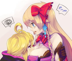 Rule 34 | 2girls, ahoge, bare shoulders, blonde hair, blue eyes, blush, bow, bowtie, braid, breast smother, breasts, cleavage, collarbone, earrings, embarrassed, face to breasts, female focus, gem, hair bow, jewelry, kai-ri-sei million arthur, large breasts, long hair, looking at another, looking down, looking up, md5 mismatch, million arthur (series), minutachi, multiple girls, open mouth, red bow, red eyes, resolution mismatch, short hair, shy, simple background, source larger, spoken squiggle, spoken sweatdrop, squiggle, sweatdrop, touzoku arthur, twin braids, upper body, utahime arthur, yuri