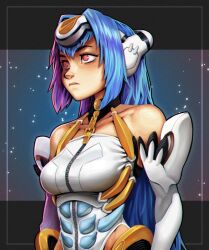 Rule 34 | 1girl, android, armored leotard, bare shoulders, blue hair, breasts, commentary, contrast, cyborg, effy neprin, elbow gloves, english commentary, expressionless, forehead protector, gloves, glowing crystal, kos-mos, large breasts, leotard, long hair, red eyes, solo, standing, thighhighs, very long hair, white leotard, xenosaga