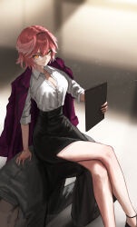 Rule 34 | 1boy, 1girl, absurdres, breasts, cleavage, clipboard, collared shirt, crossed legs, failose, frown, head wings, highres, holding, holding clipboard, hololive, human chair, human furniture, jacket, jacket on shoulders, large breasts, office lady, pink hair, shirt, shirt tucked in, short hair, sitting, sitting on person, solo focus, takane lui, unbuttoned, unbuttoned shirt, virtual youtuber, wings, yellow eyes