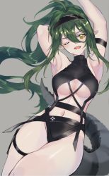 Rule 34 | 1girl, ;d, alternate costume, arknights, arm strap, armpits, arms up, black one-piece swimsuit, blush, breasts, cleavage, commentary, crocodilian tail, fang, feet out of frame, gavial (arknights), green hair, grey background, hair between eyes, highres, long hair, looking at viewer, medium breasts, midriff, navel, one-piece swimsuit, one eye closed, open mouth, pointy ears, ponytail, pouch, sidelocks, simple background, smile, solo, swimsuit, tail, tamako (tmc dr), thigh pouch, thigh strap, thighs, underboob, visor cap, yellow eyes