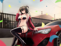 Rule 34 | 1girl, absurdres, azur lane, bikini, bikini top only, black bikini, black choker, black hair, black thighhighs, breasts, car, choker, cleavage, closed mouth, clothes pull, eyewear on head, female focus, hand in own hair, hand on own head, highres, jacket, jacket pull, kcar66t, large breasts, long hair, looking at viewer, motor vehicle, multi-strapped bikini bottom, official alternate costume, open clothes, open jacket, petals, race queen, red eyes, red jacket, scenery, side ponytail, sitting, solo, swimsuit, taihou (azur lane), taihou (enraptured companion) (azur lane), thighhighs, thighs, toyota, toyota 86