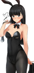 Rule 34 | 1girl, amagami, animal ears, armpits, ayatsuji tsukasa, black bow, black bowtie, black corset, black hair, black leotard, bow, bowtie, breasts, brown eyes, commentary request, corset, embarrassed, fake animal ears, highleg, highleg leotard, highres, leotard, long hair, looking at viewer, medium breasts, pantyhose, playboy bunny, rabbit ears, revision, signature, solo, strapless, strapless leotard, white background, yoo tenchi