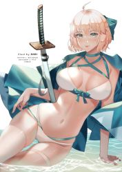 Rule 34 | 1girl, ahoge, bikini, blonde hair, blush, bow, breasts, cleavage, deviantart username, fate/grand order, fate (series), green eyes, hair between eyes, hair bow, haori, highres, japanese clothes, katana, large breasts, lips, looking at viewer, multi-strapped bikini, okita j. souji (fate), okita j. souji (third ascension) (fate), okita souji (fate), okita souji (koha-ace), pixiv username, shei99, short hair, sitting, solo, swimsuit, sword, thighs, water, weapon, wet, white background