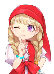 Rule 34 | 1girl, ;), blonde hair, bow, bracelet, braid, closed mouth, dragon quest, dragon quest xi, hat, highres, jewelry, kz ripo, long hair, one eye closed, puffy short sleeves, puffy sleeves, purple eyes, red hat, short sleeves, simple background, smile, solo, twin braids, twitter username, upper body, veronica (dq11), waist bow, white background