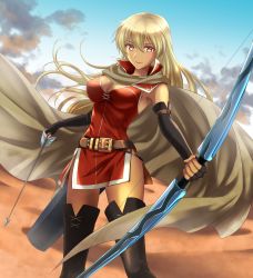 Rule 34 | 1girl, absurdres, billowing cape, black gloves, blonde hair, boots, breasts, cape, cleavage, commission, commissioner upload, dark-skinned female, dark skin, desert, dress, elbow gloves, fingerless gloves, fire emblem, fire emblem: the binding blade, gloves, highres, huge filesize, igrene (fire emblem), kakiko210, large breasts, long hair, looking at viewer, nintendo, red dress, skeb commission, smile, solo, thighhighs, yellow eyes