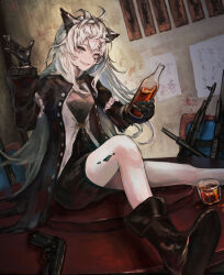 Rule 34 | absurdres, animal ears, arknights, black dress, black footwear, black gloves, black jacket, boots, bottle, commentary request, dress, feet out of frame, gloves, grey eyes, grey hair, grin, gun, handgun, highres, holding, holding bottle, jacket, kuronouka, lappland (arknights), lappland (refined horrormare) (arknights), long hair, looking at viewer, material growth, open clothes, open jacket, oripathy lesion (arknights), sharp teeth, shoe soles, smile, teeth, very long hair, weapon, weapon request