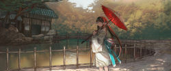 Rule 34 | 1girl, absurdres, architecture, bad id, bad pixiv id, blue sash, bridge, brown hair, closed mouth, east asian architecture, feet out of frame, forest, from side, hair ornament, hand up, highres, holding, holding umbrella, japanese clothes, kimono, long hair, long sleeves, looking at viewer, looking to the side, nature, obi, oil-paper umbrella, original, railing, red umbrella, river, sash, scenery, shichigatsu, solo, tree, twintails, umbrella, very long hair, white kimono, wide sleeves, wooden bridge, yayoi (shichigatsu)