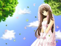 Rule 34 | 1girl, bad perspective, bride, brown eyes, brown hair, bug, butterfly, cloud, day, dress, falling leaves, happy, insect, leaf, long hair, looking at viewer, matching hair/eyes, open mouth, outdoors, pink butterfly, sky, smile, sun, sunlight, tree, wedding dress