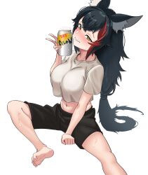 Rule 34 | 1girl, absurdres, animal ears, barefoot, beer can, black hair, blush, breasts, can, clenched hand, drink can, hair between eyes, head tilt, highres, holding, holding can, hololive, large breasts, long hair, longsan, looking at viewer, midriff, multicolored hair, navel, ookami mio, shirt, shorts, sidelocks, simple background, sitting, smile, spread legs, streaked hair, sweat, t-shirt, v, virtual youtuber, wet, white background, wolf ears, wolf girl, yellow eyes