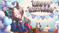 Rule 34 | 1girl, ahoge, animal ears, balloon, birthday, birthday cake, black gloves, black hair, blue jacket, cake, cake slice, card, character name, closed eyes, confetti, equinox (racehorse), food, gloves, hair between eyes, hair ornament, happy birthday, highres, horse ears, horse girl, jacket, long sleeves, looking at viewer, multicolored hair, open mouth, original, own hands together, personification, red eyes, shirt, short hair, smile, strawberry shortcake, streaked hair, t p o k, two-tone hair, umamusume
