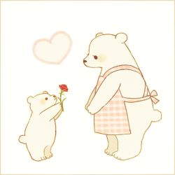 Rule 34 | animal, apron, ayu (mog), bad id, bad pixiv id, bear, carnation, clothed animal, flower, full body, giving, height difference, mother&#039;s day, mother and child, no humans, original, polar bear, profile, rose, simple background, standing, unmoving pattern
