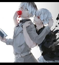 Rule 34 | 10s, 2boys, belt, black hair, black sclera, book, coat, colored sclera, dual persona, flower, hair over one eye, highres, kaneki ken, letterboxed, mask, multicolored hair, multiple boys, necktie, or i, petals, red eyes, rose, sasaki haise, short hair, tokyo ghoul, tokyo ghoul:re, torn clothes, trench coat, turtleneck, white hair