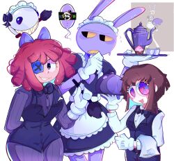 Rule 34 | 1boy, 2girls, :d, absurdres, alternate costume, alxxbee, animal ears, black bow, black bowtie, black pants, black vest, blue bow, blush stickers, bow, bowtie, brown hair, button eyes, buttons, censored, collared shirt, colored sclera, cropped legs, crossdressing, cup, duster, eyeshadow, flying sweatdrops, formal, gloves, hair bow, highres, holding, holding duster, maid, maid headdress, makeup, multiple girls, no headwear, official alternate costume, open mouth, pale skin, pants, pantyhose, pink eyeshadow, pinstripe pattern, pinstripe shirt, plate, purple fur, rabbit boy, rabbit ears, red hair, reference inset, serving dome, sharp teeth, shirt, short hair, smile, solid oval eyes, sparkle, speech bubble, striped, suit, sweat, teapot, teeth, the amazing digital circus, towel, towel on arm, tuxedo, two-tone eyes, vest, white background, white gloves, yarn, yellow sclera, yellow teeth