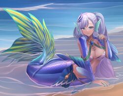 Rule 34 | 1girl, braid, breasts, bright pupils, feather hair ornament, feathers, fins, green eyes, grey hair, hair ornament, head fins, hololive, hololive indonesia, jewelry, kneeless mermaid, large breasts, long hair, looking at viewer, mermaid, monster girl, monsterification, navel, pavolia reine, smile, solo, virtual youtuber, webbed hands, white pupils, zephylyne