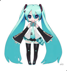 Rule 34 | 1girl, :d, aqua eyes, bare shoulders, black skirt, black thighhighs, blue hair, blue necktie, detached sleeves, eyes visible through hair, full body, hair between eyes, hair ornament, hatsune miku, headphones, long hair, long sleeves, looking at viewer, miniskirt, necktie, open mouth, simple background, skirt, sleeveless, smile, solo, standing, tanaka kunihiko, thighhighs, twintails, very long hair, vocaloid, white background, zettai ryouiki
