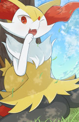 Rule 34 | 1girl, :3, animal ear fluff, animal ears, animal hands, animal nose, arm at side, black fur, blue sky, body fur, braixen, cloud, creatures (company), dappled sunlight, day, dutch angle, fangs, female focus, flat chest, fox ears, fox girl, fox tail, furry, furry female, game freak, gen 6 pokemon, grass, hand to own mouth, hand up, happy, highres, looking at viewer, neck fur, nintendo, on ground, one eye closed, open mouth, outdoors, pokemon, pokemon (creature), red eyes, rumine (yoshi1234567), sitting, sky, smile, snout, solo, stick, sunlight, tail, tree, wariza, white fur, wink, yellow fur