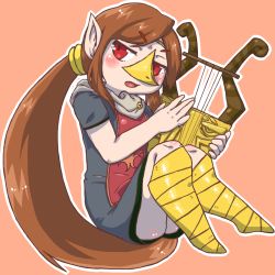 Rule 34 | 1girl, blush, brown hair, chizi, dress, female focus, flat chest, grey dress, hair tie, half-closed eyes, hands up, harp, holding, instrument, knees up, long hair, looking to the side, medli, music, nintendo, open mouth, orange background, outline, playing instrument, pointy ears, ponytail, red eyes, rito, short sleeves, simple background, sitting, solo, tabard, the legend of zelda, the legend of zelda: the wind waker, white outline
