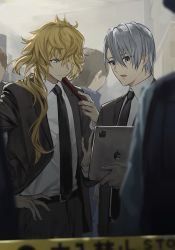 Rule 34 | 2boys, absurdres, black jacket, black necktie, black pants, blonde hair, blue eyes, closed mouth, collared shirt, copyright request, folding fan, grey hair, hair between eyes, hair over shoulder, hand fan, hand on own hip, hataya, highres, holding, holding fan, jacket, multiple boys, necktie, pants, parted lips, shirt, smile, tablet pc, white shirt, wing collar
