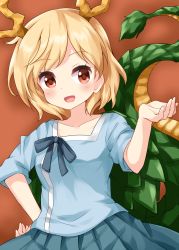 Rule 34 | 1girl, antlers, blonde hair, blue shirt, collarbone, dragon girl, dragon horns, dragon tail, hand on own hip, highres, horns, kicchou yachie, open mouth, orange background, pleated skirt, red eyes, ribbon, ruu (tksymkw), shirt, short hair, skirt, solo, tail, touhou, turtle shell, upper body