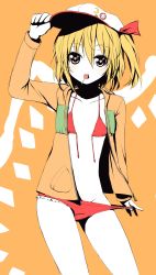 Rule 34 | 1girl, badge, bikini, blonde hair, button badge, candy, colored skin, embodiment of scarlet devil, female focus, flandre scarlet, flat chest, food, front-tie top, hat, heart, heart-shaped pupils, highres, hiraga matsuri, hirasato, hood, hoodie, jacket, jacket over swimsuit, lollipop, mouth hold, one side up, panties, panty pull, ponytail, red bikini, short hair, side ponytail, solo, swimsuit, symbol-shaped pupils, touhou, underwear, undressing, untied bikini, white skin