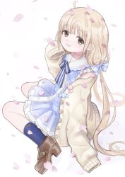 Rule 34 | 1girl, blonde hair, blue dress, blue socks, blush, brown footwear, cardigan, cherry blossoms, citron (mmc1928 r), dress, falling petals, futaba anzu, highres, idolmaster, idolmaster cinderella girls, long hair, looking at viewer, looking to the side, patterned clothing, petals, sitting, sleeves past fingers, sleeves past wrists, smile, socks, solo, twintails, very long hair, wariza, yellow cardigan