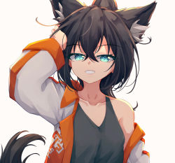 Rule 34 | 1girl, absurdres, animal ear fluff, animal ears, arm up, black hair, black tank top, blue eyes, borrowed character, collarbone, extra ears, hair between eyes, hand on own head, highres, long hair, looking at viewer, medium hair, open mouth, original, ponytail, simple background, solo, standing, tail, tank top, teeth, trimbil, upper body, white background