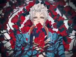 Rule 34 | 1boy, bishounen, blood, blood on face, blue coat, blue eyes, coat, devil may cry, devil may cry (series), devil may cry 3, fingerless gloves, flower, gloves, highres, male focus, pale skin, red flower, red rose, rose, scar, scar on face, solo, user enee5338, vergil (devil may cry), white hair