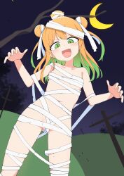Rule 34 | 1girl, absurdres, bandages, blonde hair, blush, character request, claw pose, copyright request, crescent moon, double bun, fangs, green eyes, green hair, hair bun, halloween, highres, looking at viewer, luke (dydansgur), moon, multicolored hair, naked bandage, navel, night, open mouth, sarashi, smile, solo, teeth, tombstone