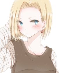 Rule 34 | 1girl, android 18, blonde hair, blue eyes, blush, dragon ball, hiro (hirohiro31), short hair, simple background, solo