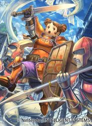 Rule 34 | 1girl, armor, armored boots, boots, brown eyes, brown hair, cloud, copyright name, day, fire emblem, fire emblem: radiant dawn, fire emblem cipher, gloves, helmet, izuka daisuke, matching hair/eyes, meg (fire emblem), nintendo, official art, open mouth, polearm, shield, sky, solo, spear, teeth, tree, twintails, weapon