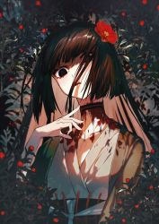 Rule 34 | 1girl, berry, black choker, black eyes, black hair, black kimono, blood, blood on clothes, blunt bangs, blunt ends, blurry, blurry foreground, camellia, choker, collarbone, creepy eyes, empty eyes, fate/grand order, fate (series), floating hair, floral background, flower, hair flower, hair ornament, hair over one eye, hand up, head tilt, highres, hime cut, holly, injury, japanese clothes, kimono, komahime (fate), light blush, long hair, looking at viewer, obi, open mouth, ota (ota-0000), pale skin, plant, red flower, sash, sen no rikyu (fate), slit throat, solo, upper body, white kimono