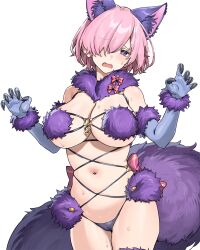 Rule 34 | 1girl, absurdres, animal ears, aochoku, blush, breasts, elbow gloves, fate/grand order, fate (series), fur-trimmed gloves, fur-trimmed legwear, fur bikini, fur collar, fur trim, gloves, hair over one eye, halloween costume, highres, lace, lace-trimmed legwear, lace trim, large breasts, looking at viewer, mash kyrielight, mash kyrielight (dangerous beast), navel, o-ring, o-ring top, open mouth, pink hair, purple eyes, purple gloves, purple tail, revealing clothes, shiny skin, short hair, simple background, solo, standing, sweat, tail, thighhighs, white background, wolf ears, wolf tail
