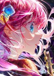 Rule 34 | 1girl, blue eyes, bocchi the rock!, cube hair ornament, diyokama, from side, gotoh hitori, guitar, hair ornament, highres, instrument, long hair, one side up, open mouth, pink hair, portrait, profile, solo, sweat, upper body