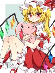 Rule 34 | 1girl, arm garter, ascot, blonde hair, blush, bobby socks, bow, crystal, hugging doll, fang, fingernails, flandre scarlet, hat, hat ribbon, kanon (ikamiso), knees up, looking at viewer, mary janes, mob cap, nail polish, hugging object, parted lips, puffy short sleeves, puffy sleeves, red bow, red eyes, red footwear, red nails, red ribbon, red shirt, red skirt, ribbon, sharp fingernails, shirt, shoes, short sleeves, side ponytail, skirt, skirt set, socks, solo, stuffed animal, stuffed rabbit, stuffed toy, touhou, white socks, wings