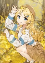 Rule 34 | 1girl, alternate hairstyle, autumn, autumn leaves, ayase eli, bad id, bad pixiv id, beret, blonde hair, blue-framed eyewear, blue eyes, blue nails, bobby socks, braid, brown footwear, brown hat, brown skirt, commentary request, ginkgo leaf, glasses, hair ornament, hair tie, hairclip, hat, highres, holding, holding leaf, holding removed eyewear, leaf, loafers, long hair, long sleeves, looking at viewer, love live!, love live! school idol project, nail polish, outdoors, over-rim eyewear, semi-rimless eyewear, shirt, shoes, side braid, signature, skirt, smile, socks, solo, squatting, striped clothes, striped shirt, sweater, takenoko no you, unworn eyewear, white socks
